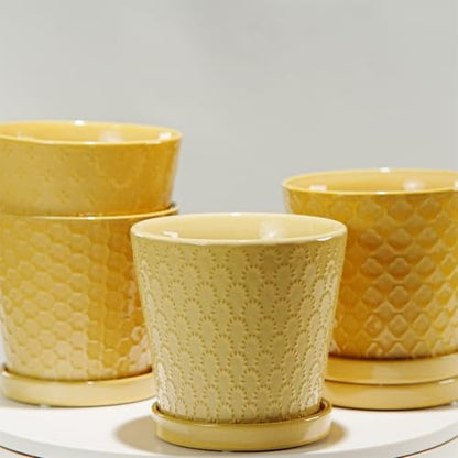 EFISPSS Ceramic Plant Pots, 5 Inch Planters with Drainage Holes and Ceramic Tray, Relief Design Flower Planter, Desktop Office Windowsill Decoration Gift Set of 4 - Lemon Yellow - color: Lemon Yellow