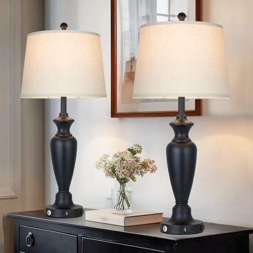 30" Tall Black Table Lamps Set of 2 for Living Room, Touch Control Bedside Lamps for Nightstand, 3-Way Dimmable Bedroom Table Lamp with USB A+C Ports and AC Outlet (2 LED Bulbs Included) - color: Black - 30"H