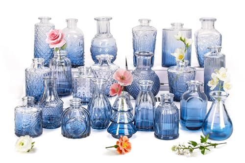 Clear Gradient Blue Glass Bud Vase Set of 22 Pcs,Small Bud Vases in Bulk,Glass Crystal Flower Vases Table Centerpieces for Party Event Wedding Decor Baby Shower Decorations (Gradient Blue, 22 Pcs) - color: Gradient Blue, size: 22 Pcs
