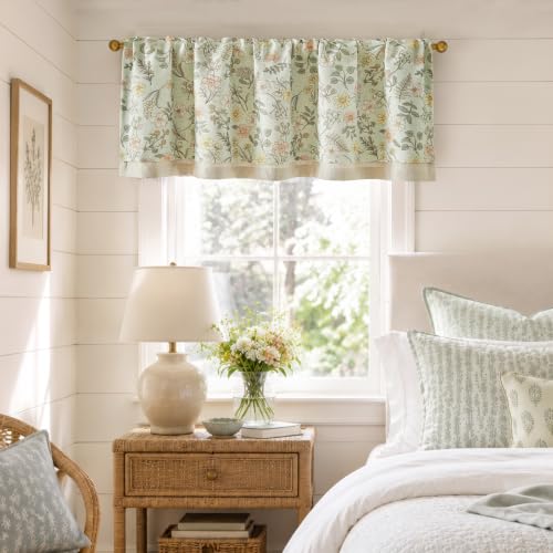 jinchan Maia Floral Linen Double Layer Valance 18 Inch 1 Panel Green - color: Maia Green on Linen, size: 50"W x 18"L (Pack of 1)