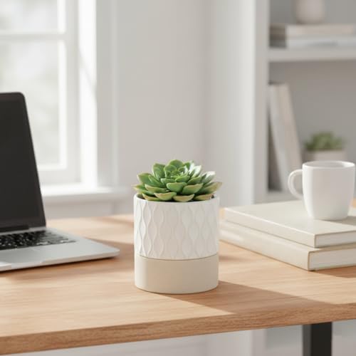 Nihow Self Watering Ceramic Plant Pot, 4.5 Inch, Cream White & Brown Net - color: Cream White & Brown Net, size: 4.5" Self Watering