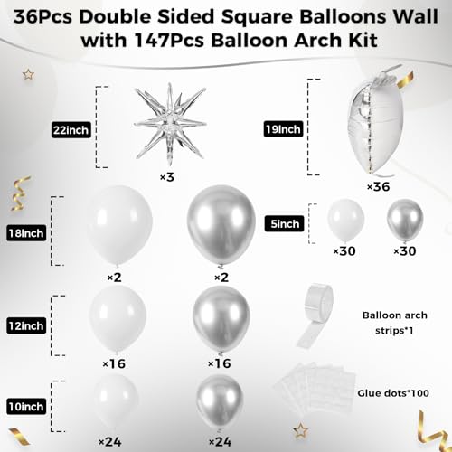 36pcs White and Silver Square Foil Balloons Wall Backdrop with 147pcs Balloon Garland Arch Kit, Double Sided Balloons for Bachelorette Wedding Birthday Engagement Anniversary Party Decorations - color: White and Silver