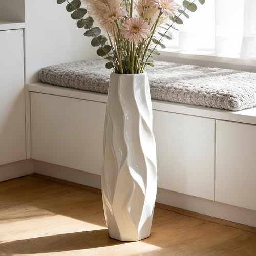 White Tall Ceramic Floor Vase, 17.7 Inch, Pleated Wave Design - color: Shape 1, size: 17.7 Inch