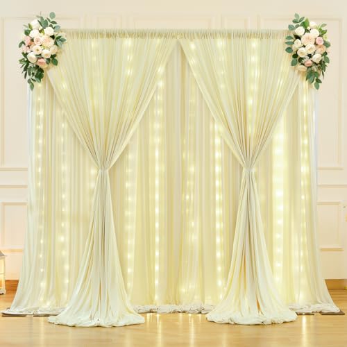 10 x 10ft Beige Backdrop Curtains with Lights String for Party - color: Beige, size: W5' x H10'(2 panels)