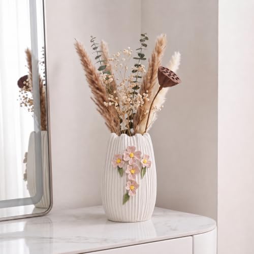 Ceramic Flower Vase, 7 Inch Small Boho Vase, White - color: White and Pink, size: 7 inch