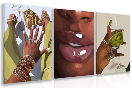 Hianan Wrapped Canvas Fashion Black Woman Wall Art Set of 3, 12x16 in - color: Yellow-Green, size: 16"L x 12"W