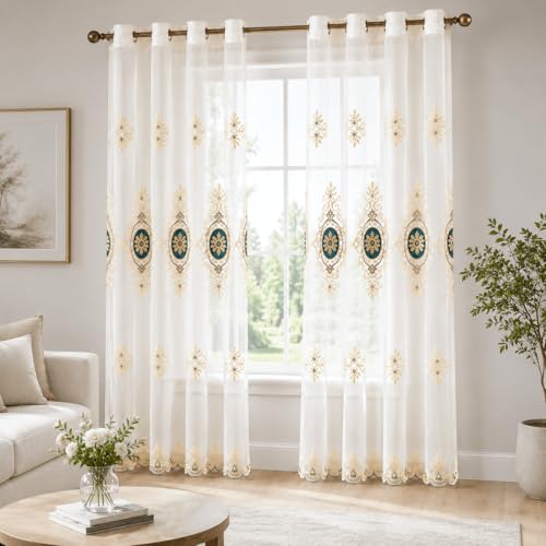 VOGOL Customized Simple Chenille Jacquard Sheer Window Elegance Curtains/Drapes/Panels/Treatments for Bedroom Living Room,Top Grommets(2 Panels) - color: Blue-sheer, size: 60"W x 106"L (Pack of 2)