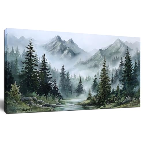 Tarfupth Large Misty Forest Wall Art for Living Room Green Nature Mountain Landscape Canvas Artwork with Trees and River Nature Art for Bedroom Office Home Decor 20x40 Inch - size: 20L" x 40W"