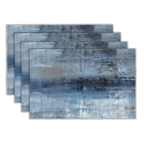 Modern Art Placemats Set of 4 Linen Washable 12x18 inch - color: White Blue