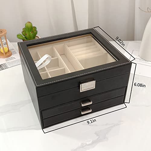 BOOVO Clear Lid Jewelry Box,3 Layers Jewelry Organizer (Black, 3 Layer) - color: Black, size: 3 Layer