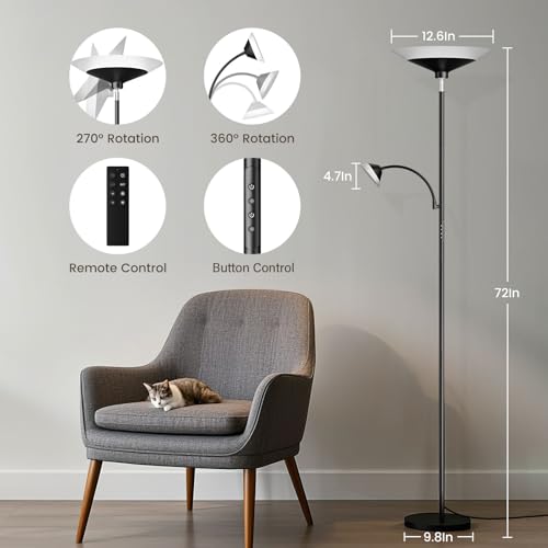 SIBRILLE Upgraded 2-in-1 Torchiere Floor Lamp, Dimmable Standing Lamp with Remote&Button Control, 34W Brightness Adjustable Floor Reading Light, Black Modern Corner Lamp for Living Room Bedroom Office - color: Black