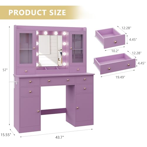 Xixini 44" Vanity Desk with Mirror & Lights, Glass Storage Cabinets, Purple - color: Purple