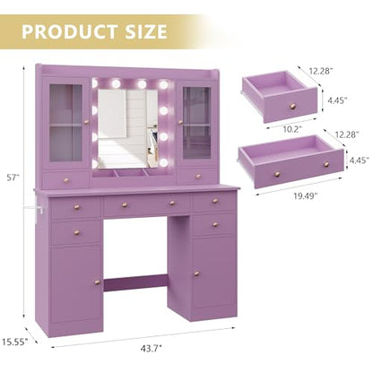 Xixini 44" Vanity Desk with Mirror & Lights, Glass Storage Cabinets, Purple - color: Purple