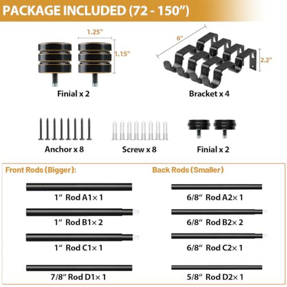 TONIAL 1 Inch Double Curtain Rods for Windows, 72 to 144 Inch, Black - color: Black, size: 72-144"