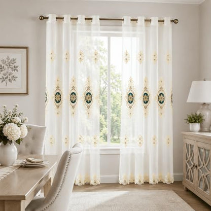 VOGOL Blue Simple Chenille Jacquard Sheer Window Elegance Curtains/Drapes/Panels/Treatments for Bedroom Living Room,Top Grommets, Two Panels, W54 x L96 inch - color: Blue-sheer, size: 54"W x 96"L (Pack of 2)