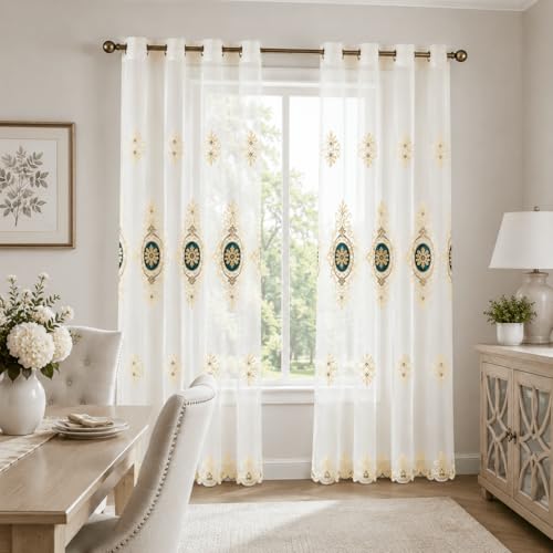 VOGOL Customized Simple Chenille Jacquard Sheer Window Elegance Curtains/Drapes/Panels/Treatments for Bedroom Living Room,Top Grommets(2 Panels) - color: Blue-sheer, size: 60"W x 106"L (Pack of 2)