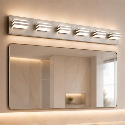 6-Light Brushed Nickel Vanity Light for Double Sink Bathroom, 41 Inch 48W 5CCT Dimmable LED Over Mirror Wall Fixture, Hardwired Light with Clear Acrylic Shade - color: Brushed Nickel-5 Color Temperature, size: 6-Light, 41-Inch