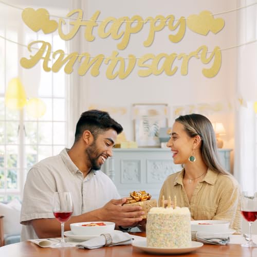 Happy Anniversary Banner, Pre-Strung Happy Anniversary Garland No DIY Party Decoration Supplies for Wedding Birthday (Champagne Gold)