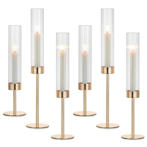 Hewory Gold Taper Candle Holders: Candlestick Holders Set of 6 Hurricane Glass Tall Candle Holder for Candlesticks Candle Sticks Holder Decor for Table Centerpiece Wedding Party Christmas Decorations - color: Gold, size: 6PCS
