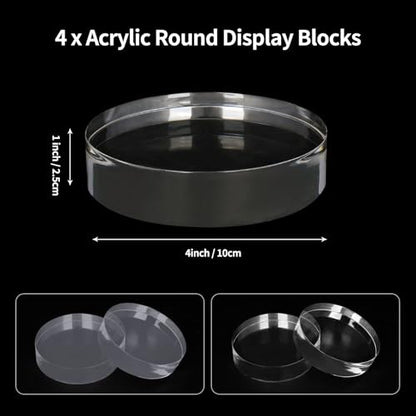 4 Pack Acrylic Round Display Blocks, 4 x 4 x 1 Inch Acrylic Base Stand for Display, Clear Polished Round Pedestal Stand Riser Cylinder Trophy Base for Table Showing