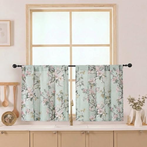 Aiyufeng Floral Tiers Curtains 24 Inch Length for Kitchen, Flower Patterned Soft Airy Light Filtering Country Style Rod Pocket Small Window Treatments Short Drapes, W30 X L24 Inch, Light Green - color: Light Green, size: 30"W x 24"L (Pack of 2)