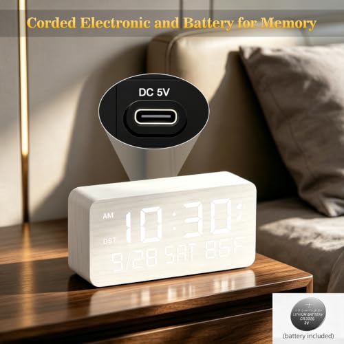 Premium Wooden Digital Alarm Clock with USB Charging Ports, Dimmable LED Display, Date, Day of Week, Temperature, DST, Clocks for Bedrooms, Desk, Nightstand, Bedside, Table, Office, Living Room Decor - color: Rectangle - White