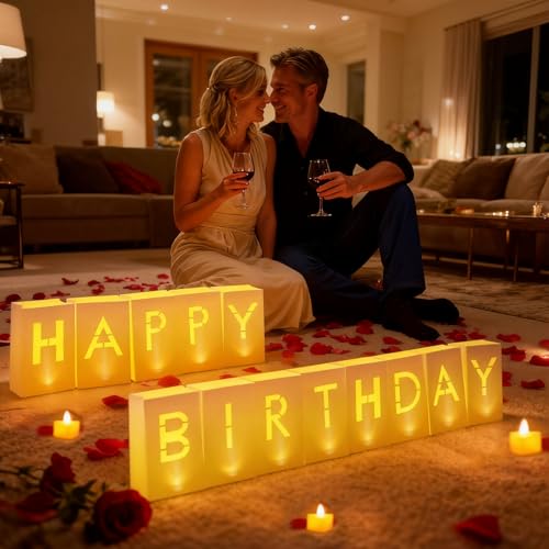Happy Birthday Decoration for Men Women, Valentine’s Day Light Up Letters Luminary Bags with 30 Bright LED Candles, 2000 Rose Petals, 10 Balloons, Surprise Birthday Party Banner Signs - style: Happy Birthday