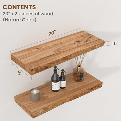 Floating Shelves for Wall, Solid Elm Wood Shelves, 20in Set of 2, Natural - color: Natural, size: Live Edge, 20inch, 2Packs