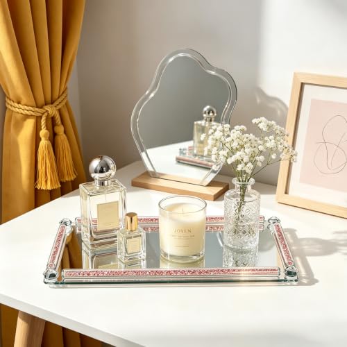 Crystal Mirror Tray, 13.8" x 5.9" Pink Glass Perfume Tray - color: Pink a