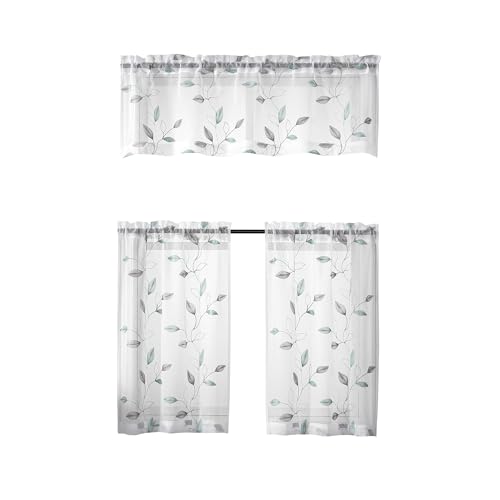 Regal Home Collections Kitchen Tiers & Window Valance Curtains Set - 54x36 Rod Pocket Cafe Tier, Curtain Valances for Windows - Light Filtering Fabric, Leaves White/Aqua - color: Cedar/Aqua