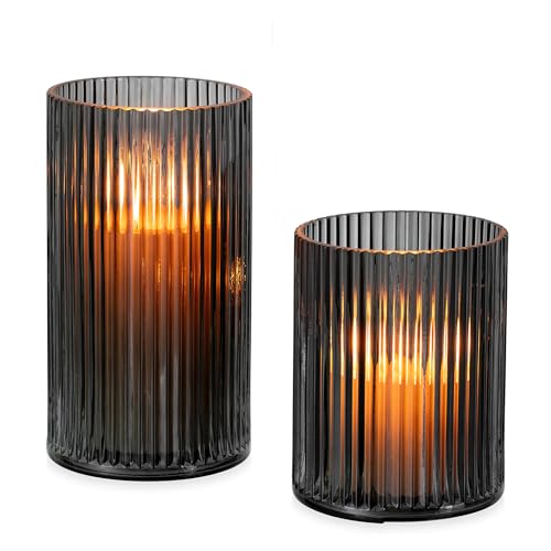 Glasseam Hurricane Glass Candle Holders: 2 Pcs Ribbed Cylinder Grey Vases