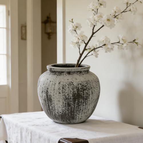 Oakrain Large Rustic Decorative Vase, 11" Distressed Gray Round Floor Vase