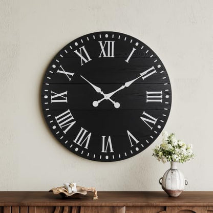 Large Wall Clock with Roman Numeral, 24” Shiplap Farmhouse Clock - color: Black, size: 24 Inch