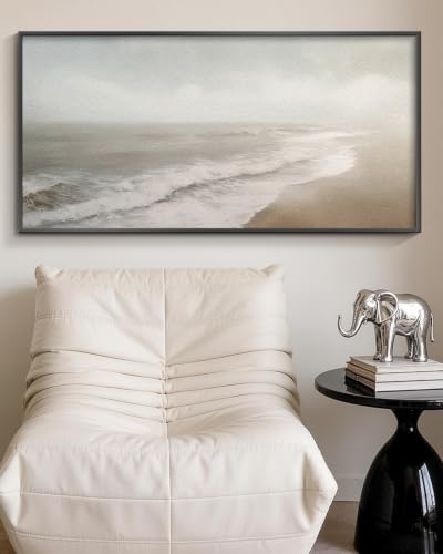 HUARCEY Sand Texture Canvas Wall Art 20"x40", Black Metal Framed Neutral Coastal Horizon Painting Print Modern Minimalist Misty Ocean Artwork for Living Room Bedroom Office Gallery Wall Decor - color: Cloudy beach
