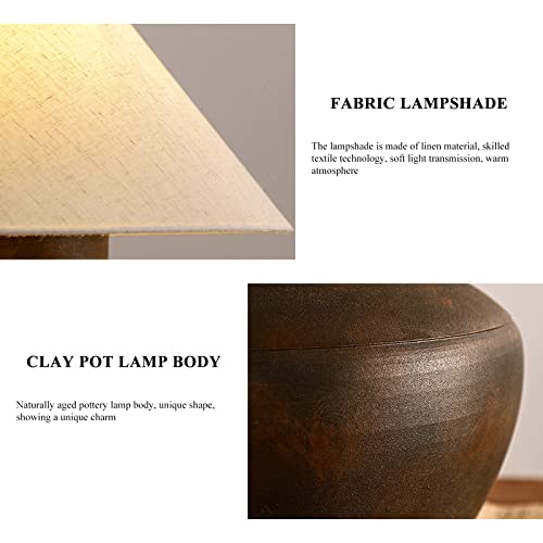 Farmhouse Ceramic Table Lamp Rustic Clay Pot Table Lamps Brown Ceramic Lamp Body with White Drum Shade Decor Bedside Nightstand for Living Room Bedroom House