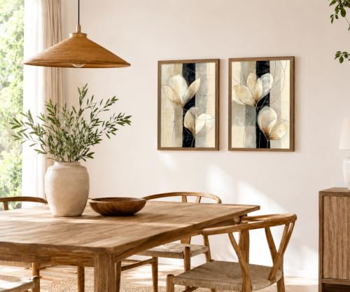 Framed Modern Neutral Black White Abstract Floral Canvas Wall Art Set of 2 - color: Beige, Black, Gold, Cream, White, size: 12"L x 16"W