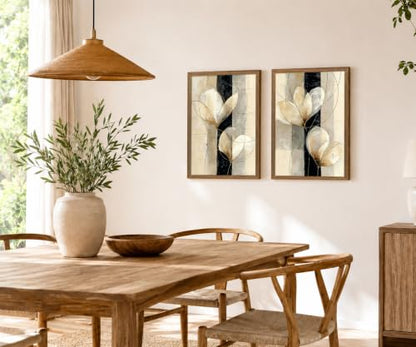Framed Modern Neutral Black White Abstract Floral Canvas Wall Art Set of 2 - color: Beige, Black, Gold, Cream, White, size: 12"L x 16"W