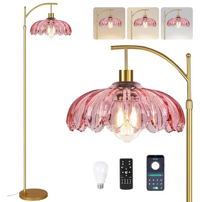 QIYIZM Pink Floor Lamp for Living Room,Bedroom,Gold Dimmable Standing Lamp with Remote,Mid Century Modern Brass Tall Lamp Boho Floor Lamps Arc Stained Glass Flower Floor Light Lamp Girls kids Bohemian - size: Floor Lamp--4