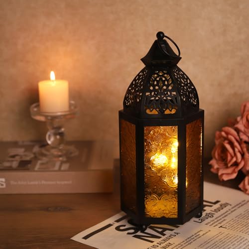 4.8X10.2in Ramadan Lantern Black Moroccan Glass Candle Lantern Decorative Indoor Home Decor Outdoor Patio or Porch Ramadan Gifts Golden Glass Weddings Parties - color: Vintage Golden Glass