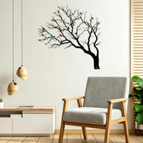 YIYA Colorful Birds on Tree Branch Metal Wall Art 3D Iron Sculpture