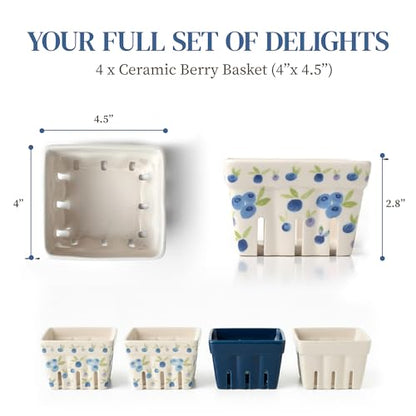 BIEN BEAU Ceramic Berry Baskets Set of 4, Blueberry Colander Fruit Bowls - color: Blue