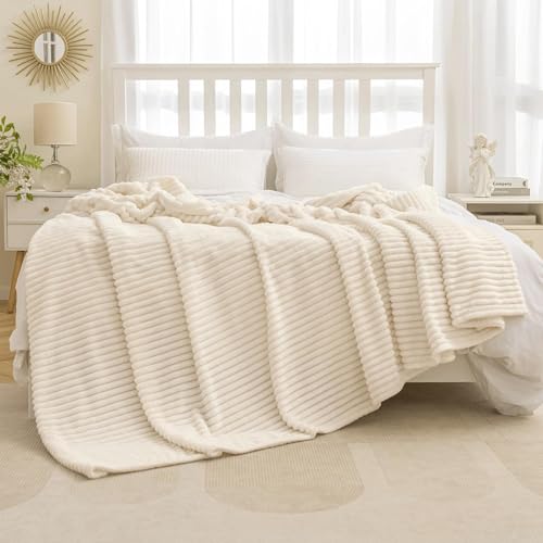 MIULEE Fleece Blanket King Size 90"x108" 300GSM Super Soft Lightweight Plush Striped, Cream White Warm Cozy Breathable Ribbed Blanket for Bed/Sofa/Couch - color: Cream White, size: 90"x108"