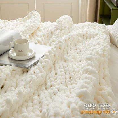 WESHIONGOO Chunky Knit Blanket Throw 40"×40" Cream White - color: Cream White, size: 40"x40"(Small Size Throw)