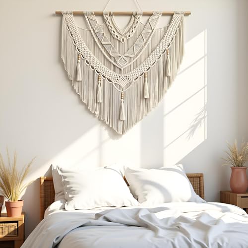 guzhiou Large Macrame Wall Hanging, Boho Woven Tapestry Decor Art, 43"x40" - color: Bead Fringe