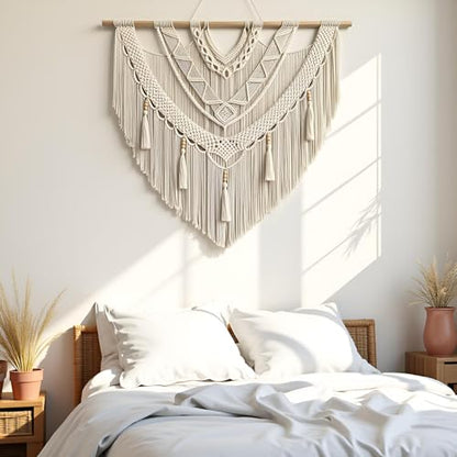 guzhiou Large Macrame Wall Hanging, Boho Woven Tapestry Decor Art, 43"x40" - color: Bead Fringe