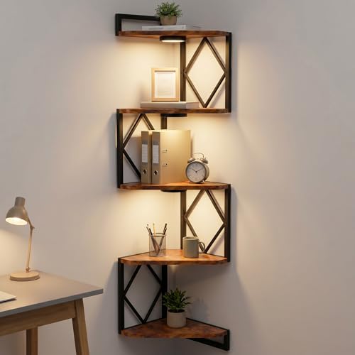 HAAYOT Corner Shelf Wall Mounted: 5-Tier Floating Shelves with Lights for Living Room, Bedroom, Home Office, Rustic Brown
