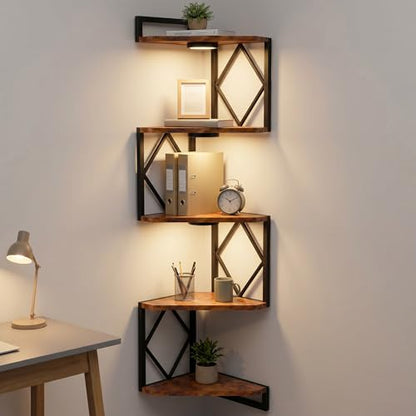 HAAYOT Corner Shelf Wall Mounted: 5-Tier Floating Shelves with Lights for Living Room, Bedroom, Home Office, Rustic Brown