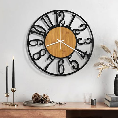 Maxstar 14" Silent Wall Clock – Battery Operated, Rustic Metal & Wood - color: Yellow, size: 14 Inch