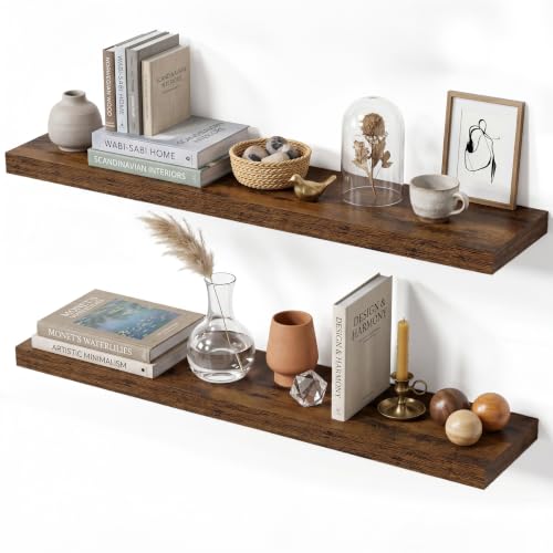 Floating Shelves for Wall, 32 Inch Wall Mounted Storage and Display for Living Room, Bedroom, Kitchen, Bathroom Set of 2 Rustic Brown - color: Retro Brown, size: 32 Inch