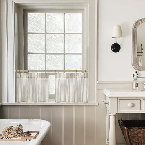 Lino Rosa 15 Inch Curtains Length,Cafe Striped Linen Farmhouse Sheer Small Window Curtains for Kitchen Bathroom,24 x 15 Inch Long 2 Panels Set - color: Taupe, size: 24"W x 15"L (Pack of 2)